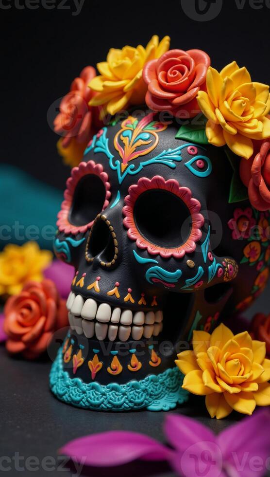 Ornate sugar skull adorned with butterflies and roses representing Day of the Dead festivities photo