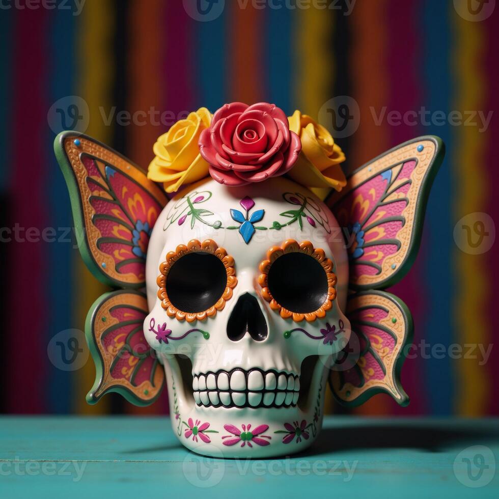 Ornate sugar skull adorned with butterflies and roses representing Day of the Dead festivities photo