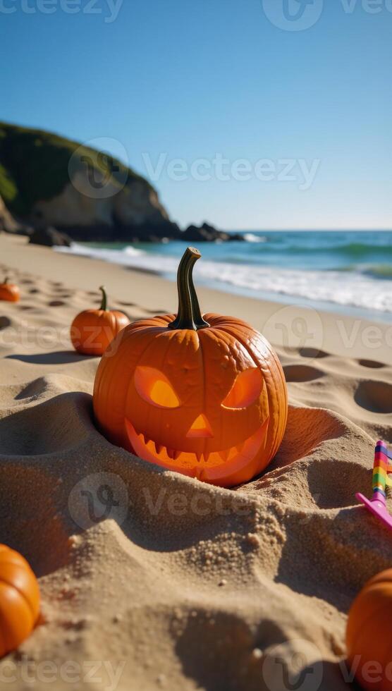 Vibrant Halloween scene JackOLantern on beach ideal for promotions events copy space photo