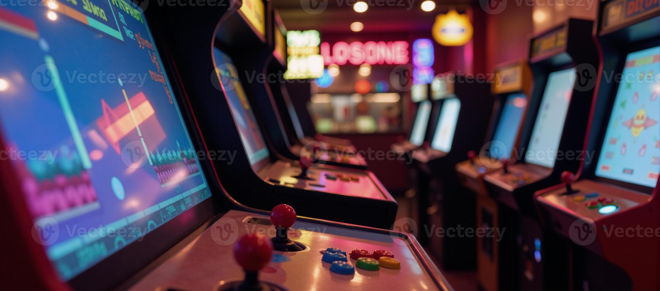 A vibrant nostalgic retro arcade filled with classic games under neon lights photo