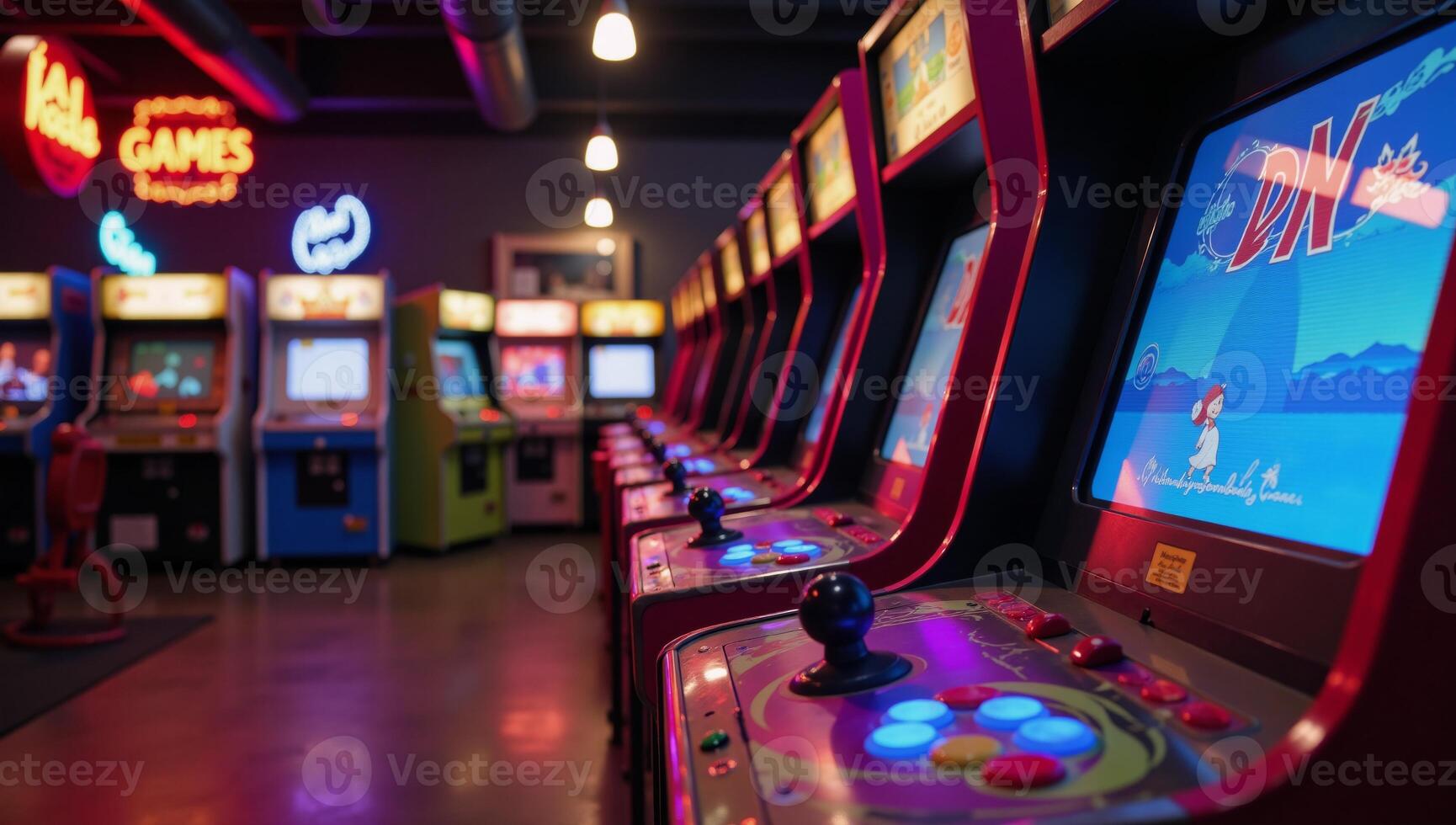 A vibrant nostalgic retro arcade filled with classic games under neon lights photo