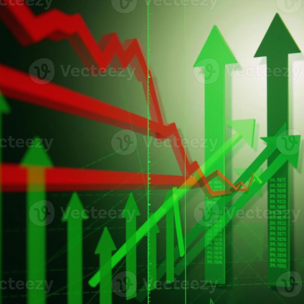 Abstract backdrop showcases a failing stock exchange with red and green toned charts indicating losses photo