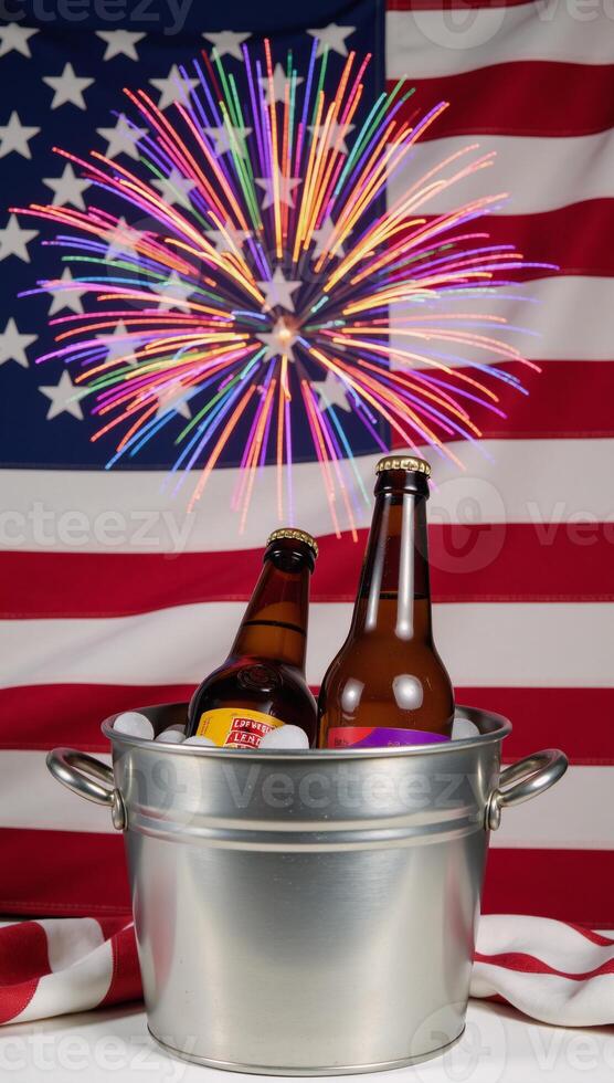 Icecold beers with patriotic flair two bottles surrounded by an American Flag and firework rockets photo
