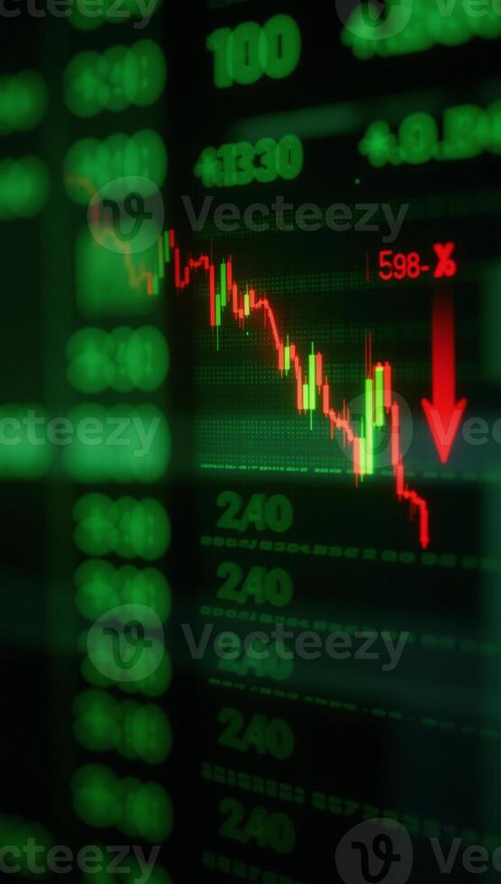 Abstract backdrop showcases a failing stock exchange with red and green toned charts indicating losses photo