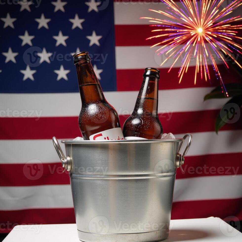 Icecold beers with patriotic flair two bottles surrounded by an American Flag and firework rockets photo
