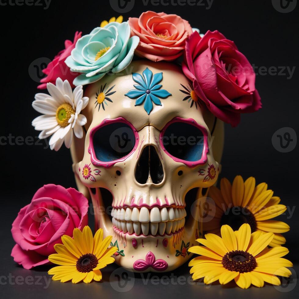 Colorful Skull adorned with assorted flowers Roses Daisies Sunflowers in a cheerful lively setting photo