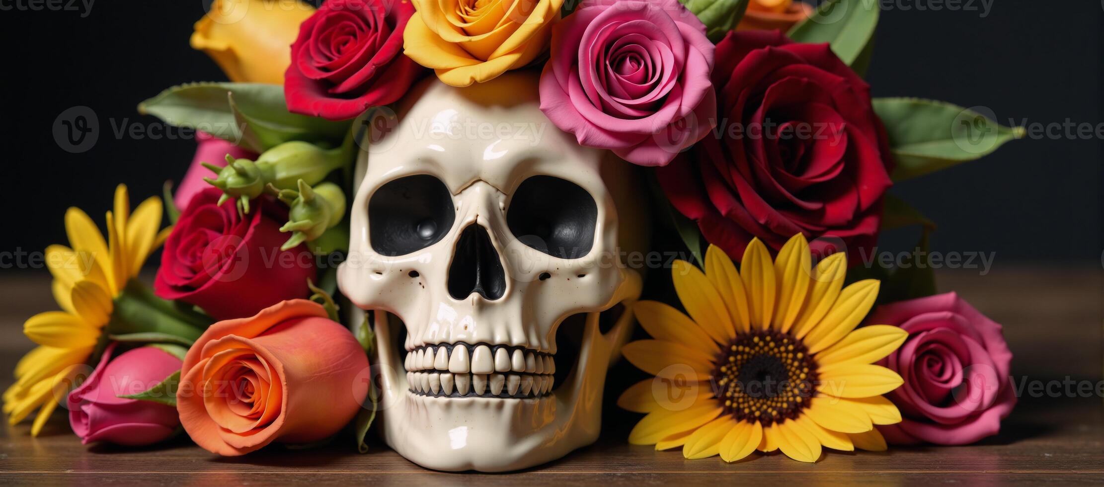 Colorful Skull adorned with assorted flowers Roses Daisies Sunflowers in a cheerful lively setting photo