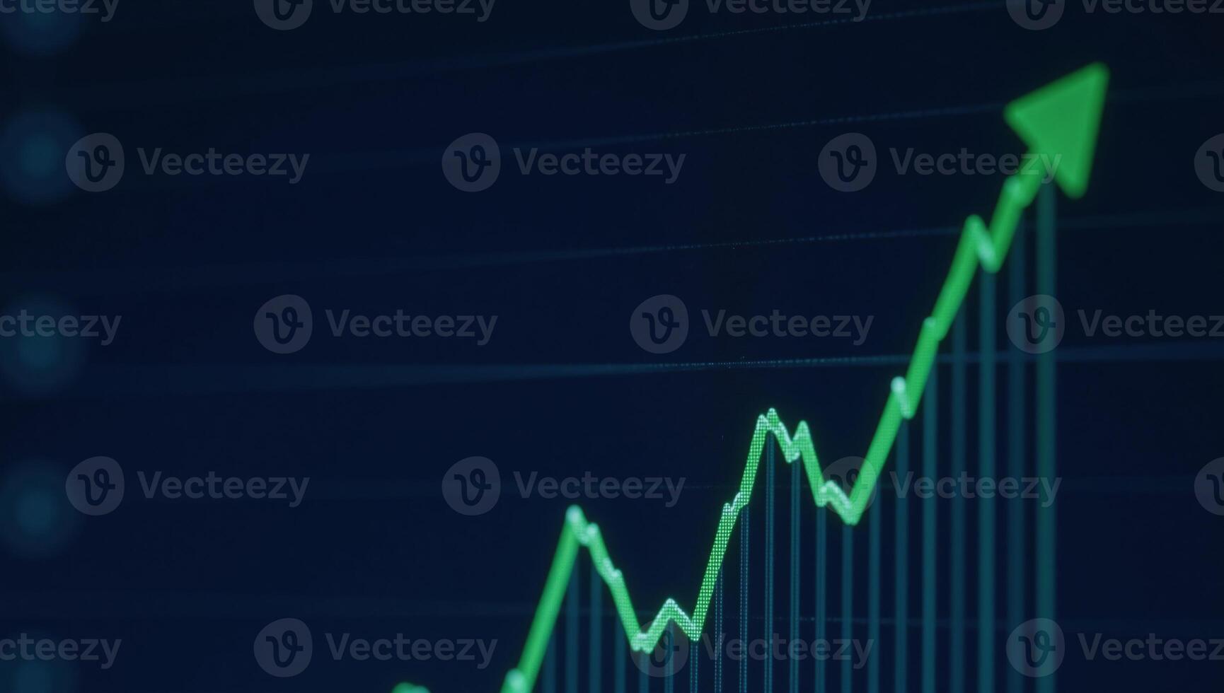 A dynamic stock market graph shows financial growth and investment success depicted as a green upward line against a dark blue background photo