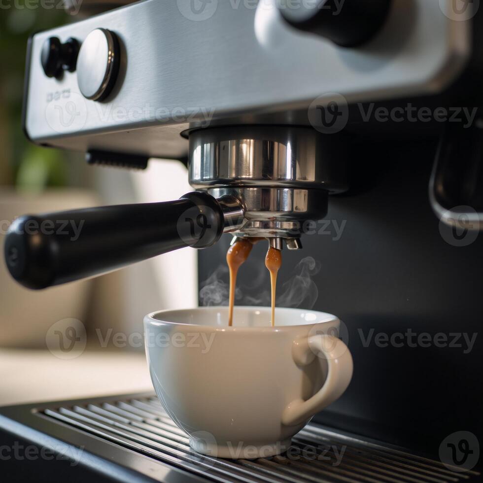 Fresh espresso being poured from an appliance by a coffee maker photo