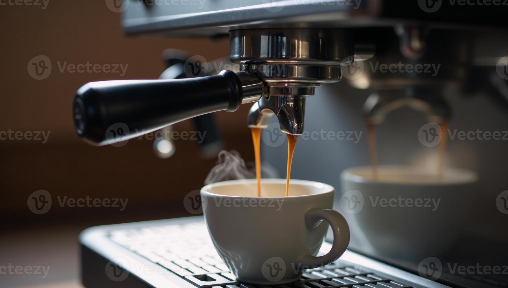 Fresh espresso being poured from an appliance by a coffee maker photo