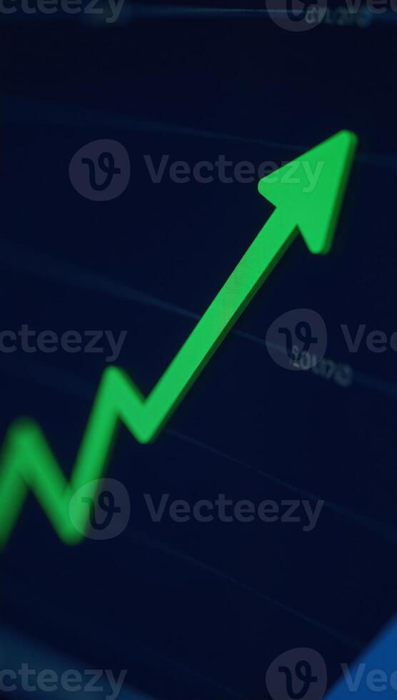 A dynamic stock market graph shows financial growth and investment success depicted as a green upward line against a dark blue background photo