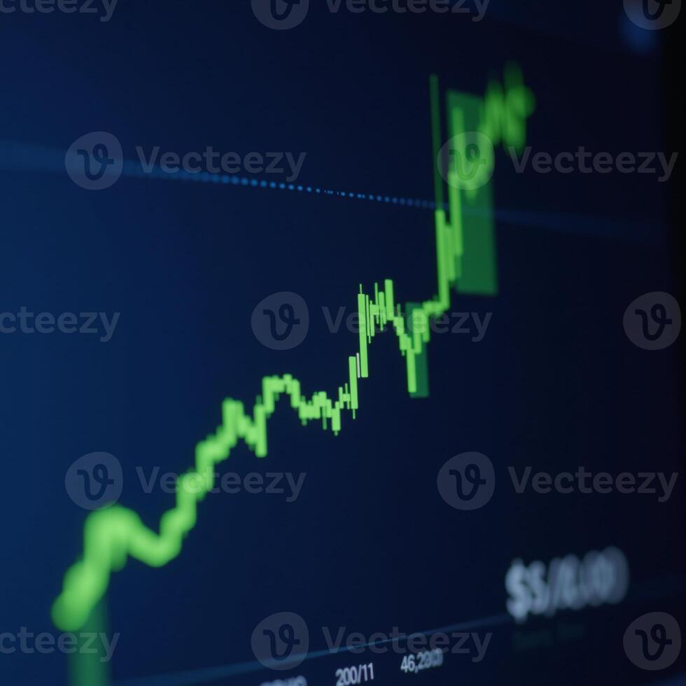 A dynamic stock market graph shows financial growth and investment success depicted as a green upward line against a dark blue background photo