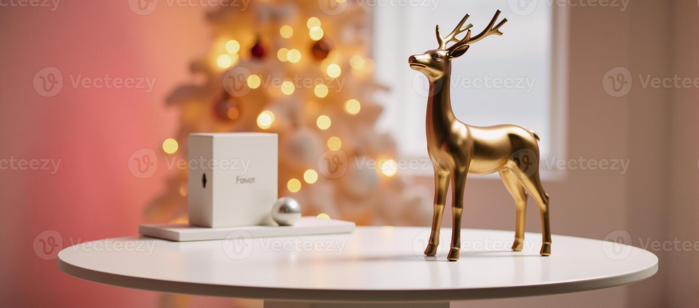 A modern ChristmasNew Year scene features a minimalist reindeer sculpture on a sleek table under warm pinkyellow lighting evoking a chic holiday ambiance photo