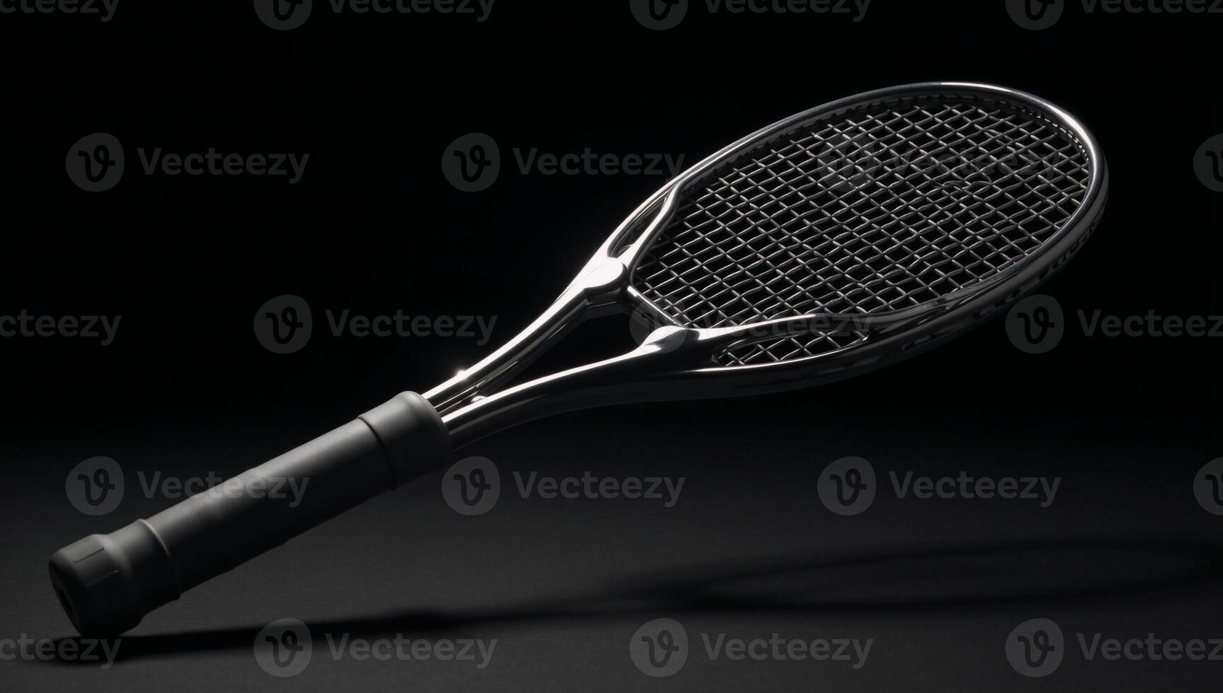 Sleek futuristic chrome tennis racquet photographed professionally against a black backdrop in a studio setting photo