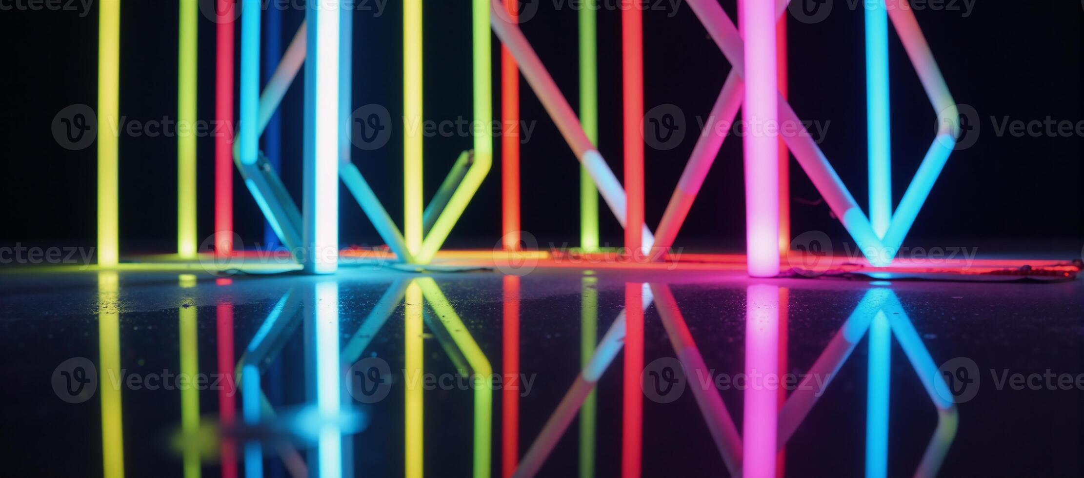 Vibrant futuristic atmosphere with dynamic neon light patterns on a reflective surface in the darkness photo