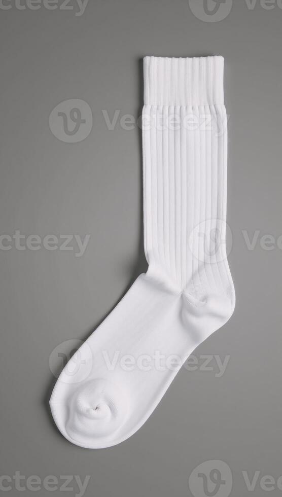 A closeup image featuring white socks against a gray backdrop photo