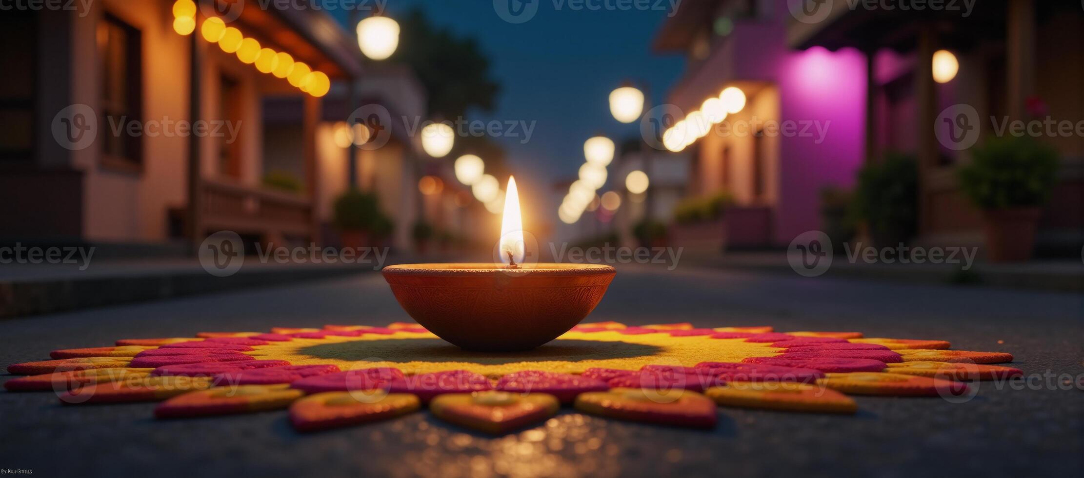 A 3Drendered Diwali celebration scene featuring a lit diya lamp in the middle of a festive street with colorful rangolis and happy Diwali festival background photo
