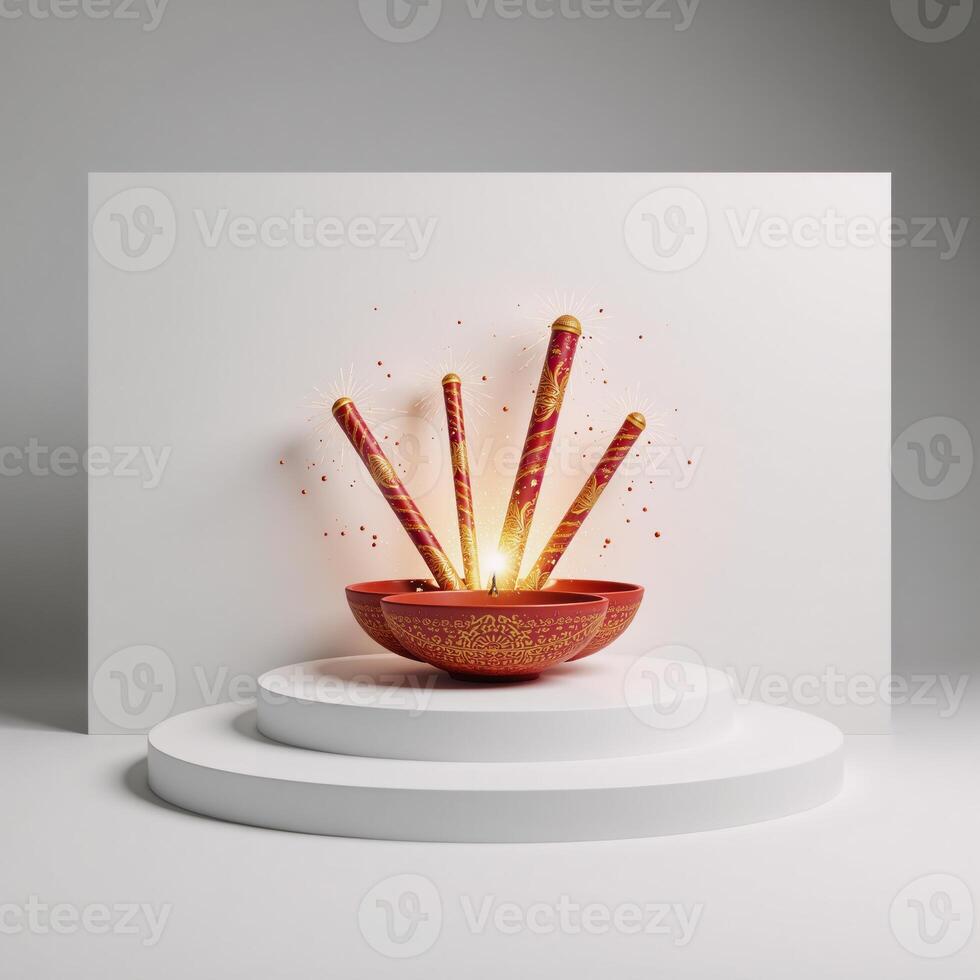 A minimalistic 3D render showcases Diwali festivities on a product display podium against a white backdrop featuring vibrant fireworks photo