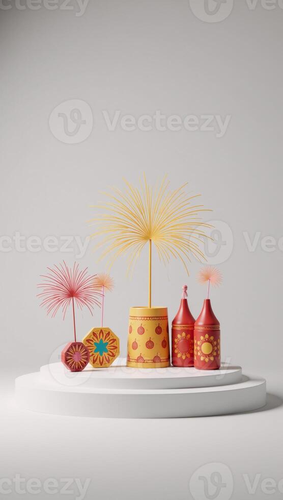 A minimalistic 3D render showcases Diwali festivities on a product display podium against a white backdrop featuring vibrant fireworks photo