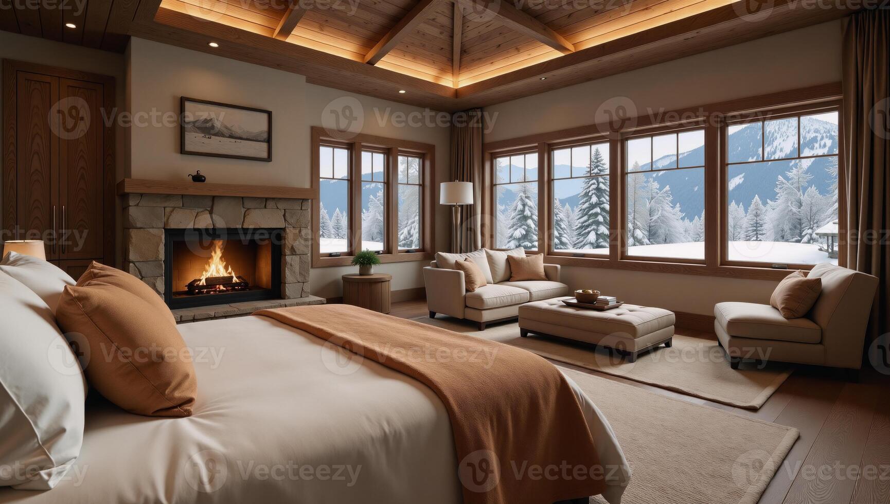 A cozy photorealistic 3D model of an open floor plan cabin bedroom with a crackling fireplace amidst a snowy winter landscape photo