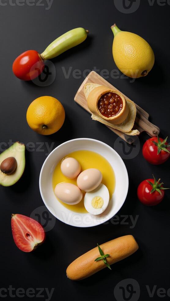 A blacktopped table displays assorted food and a steaming cup of tea beside cheeses and additional dishes photo