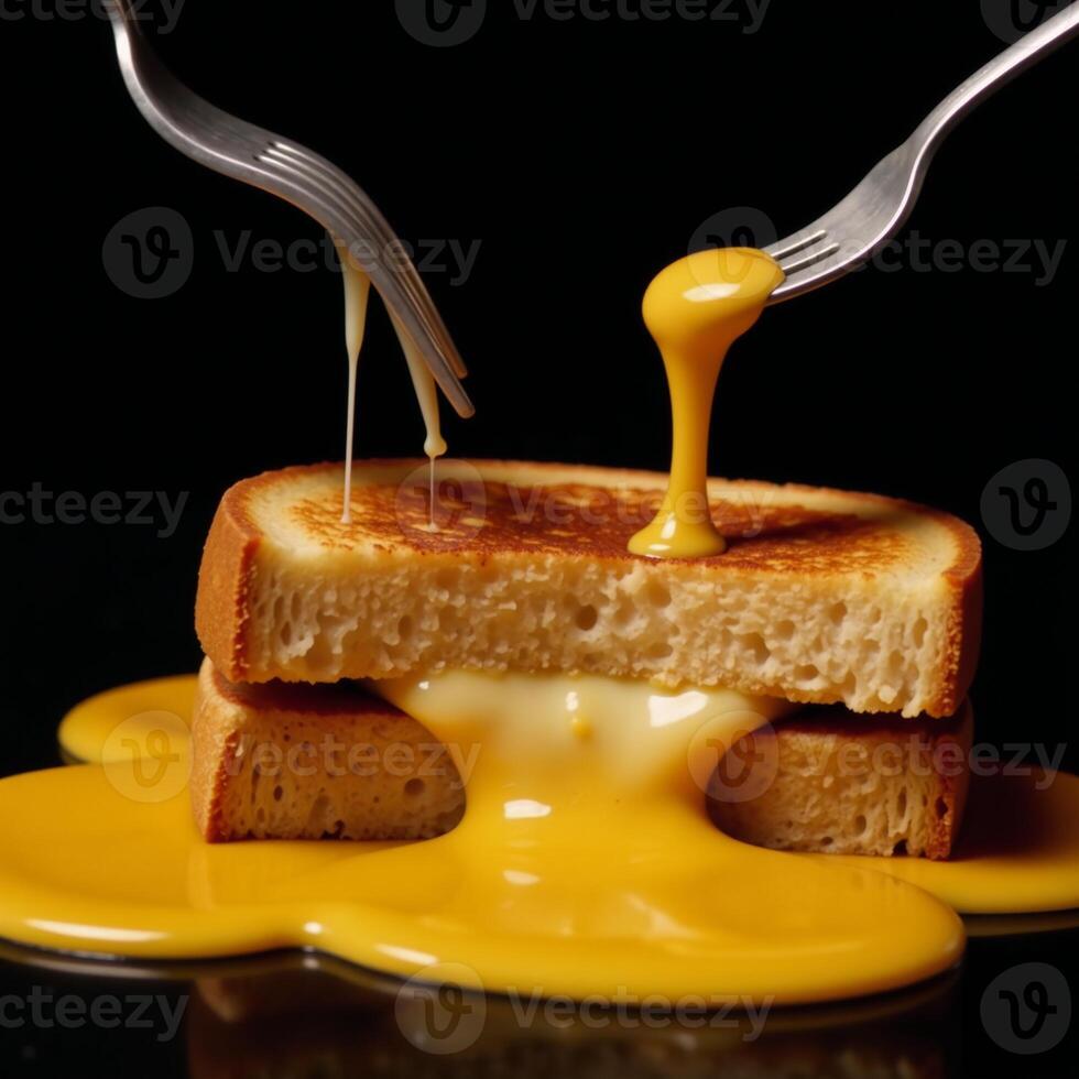 Melted grilled cheese on black background with yellow liquid dripping from fork and knife photo