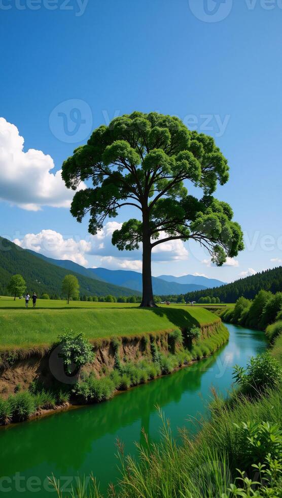 A lone tree stands amidst a forested green river landscape with sky background photo