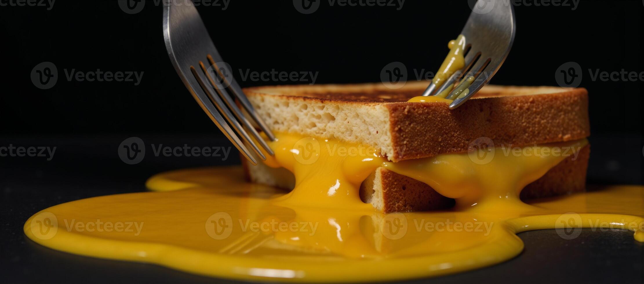 Melted grilled cheese on black background with yellow liquid dripping from fork and knife photo
