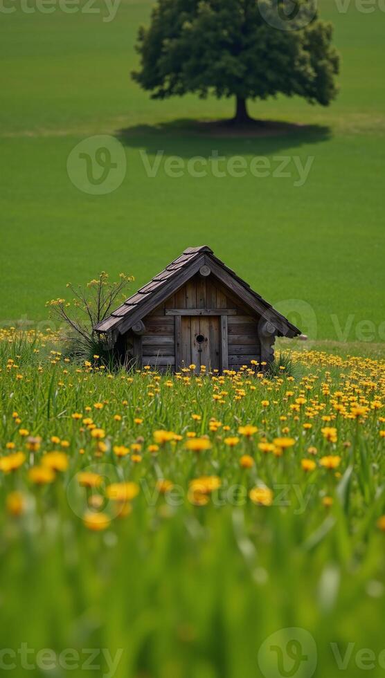 Tiny wooden dwelling nestled among flowers and trees featuring vibrant yellow blossoms photo