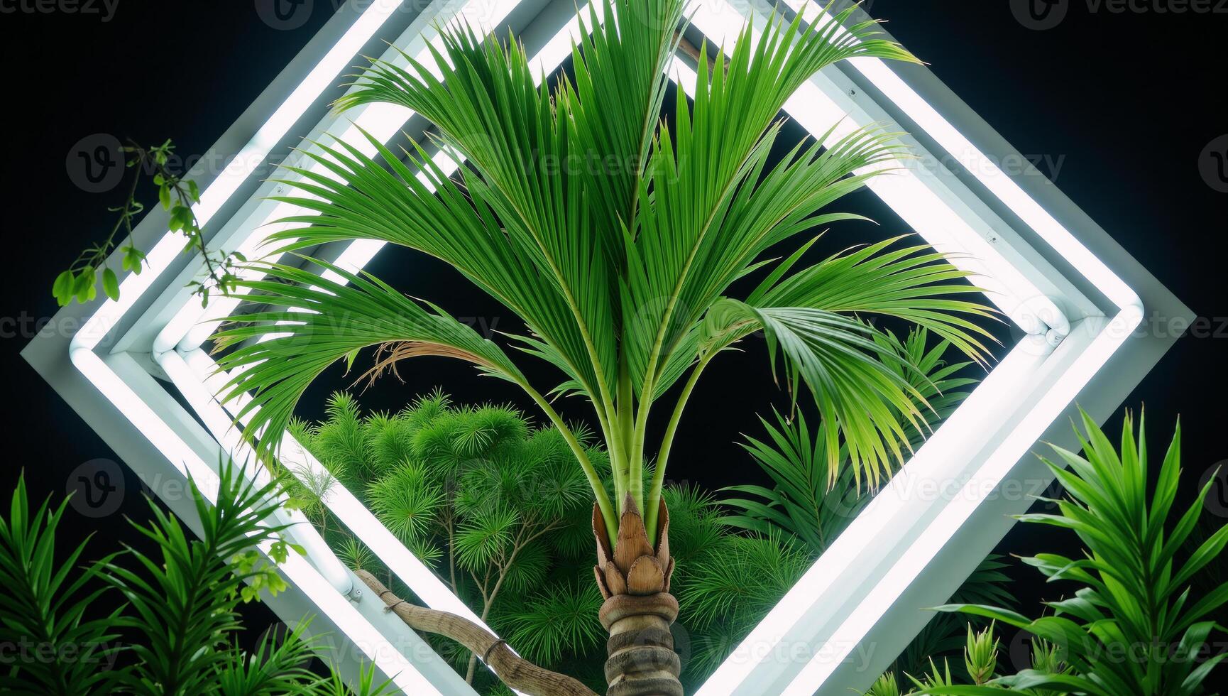 Tropical plants bathed in white fluorescent light within a diamondshaped neon frame photo