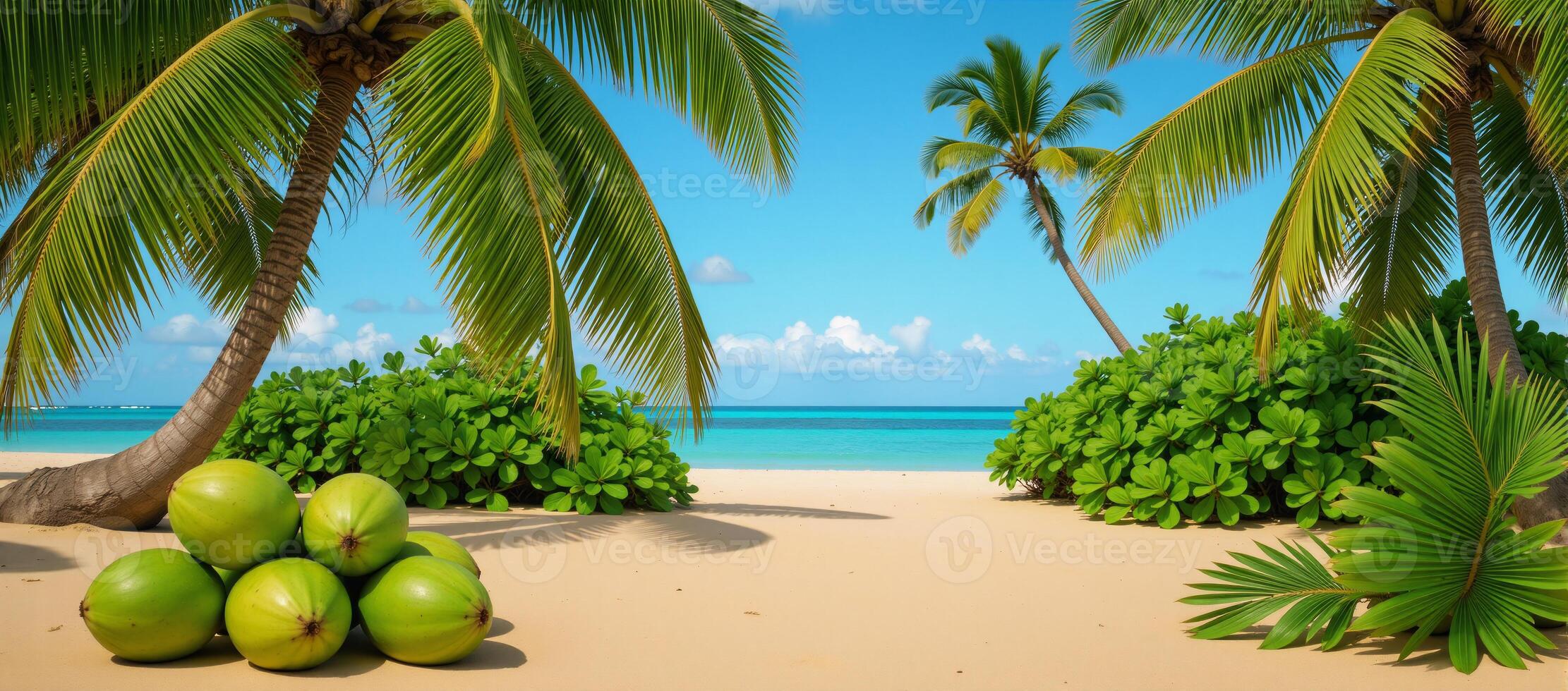 Tropical beach scene with palm trees and coconuts in view photo