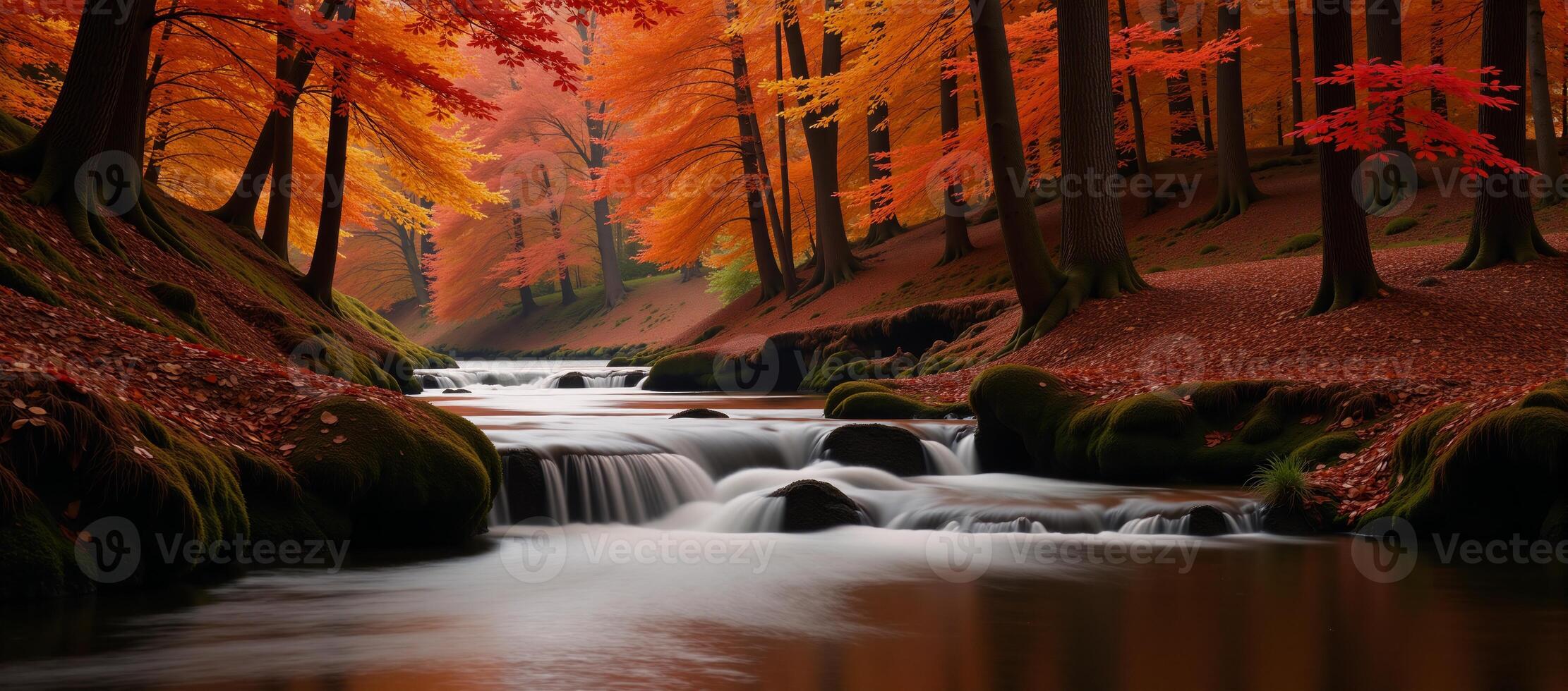Abstract autumnal forest landscape with river vibrant color palette for digital artwork or wallpaper design photo