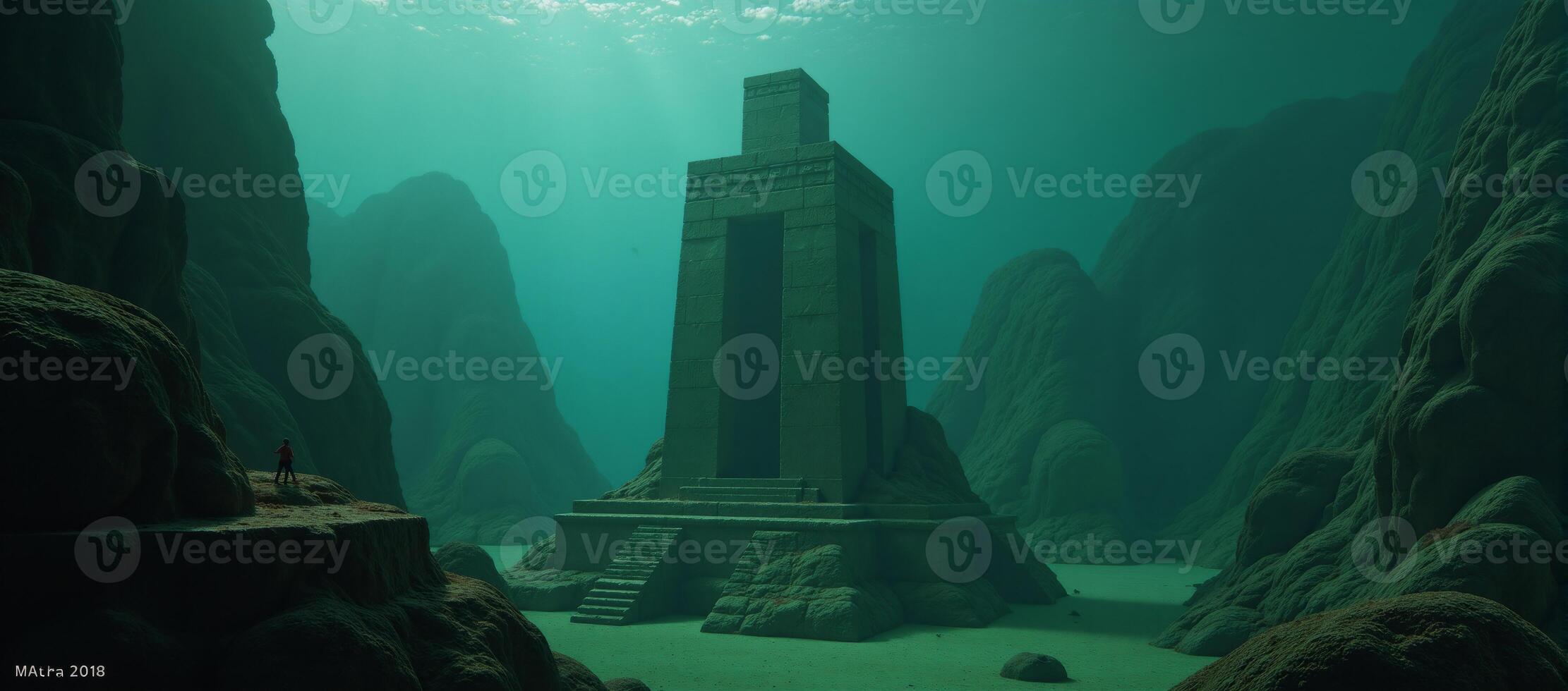 In an underwater Atlantean ruin submerged and crumbling lost city with lit cubes among runecovered columns where humans have hidden amidst the green fog photo