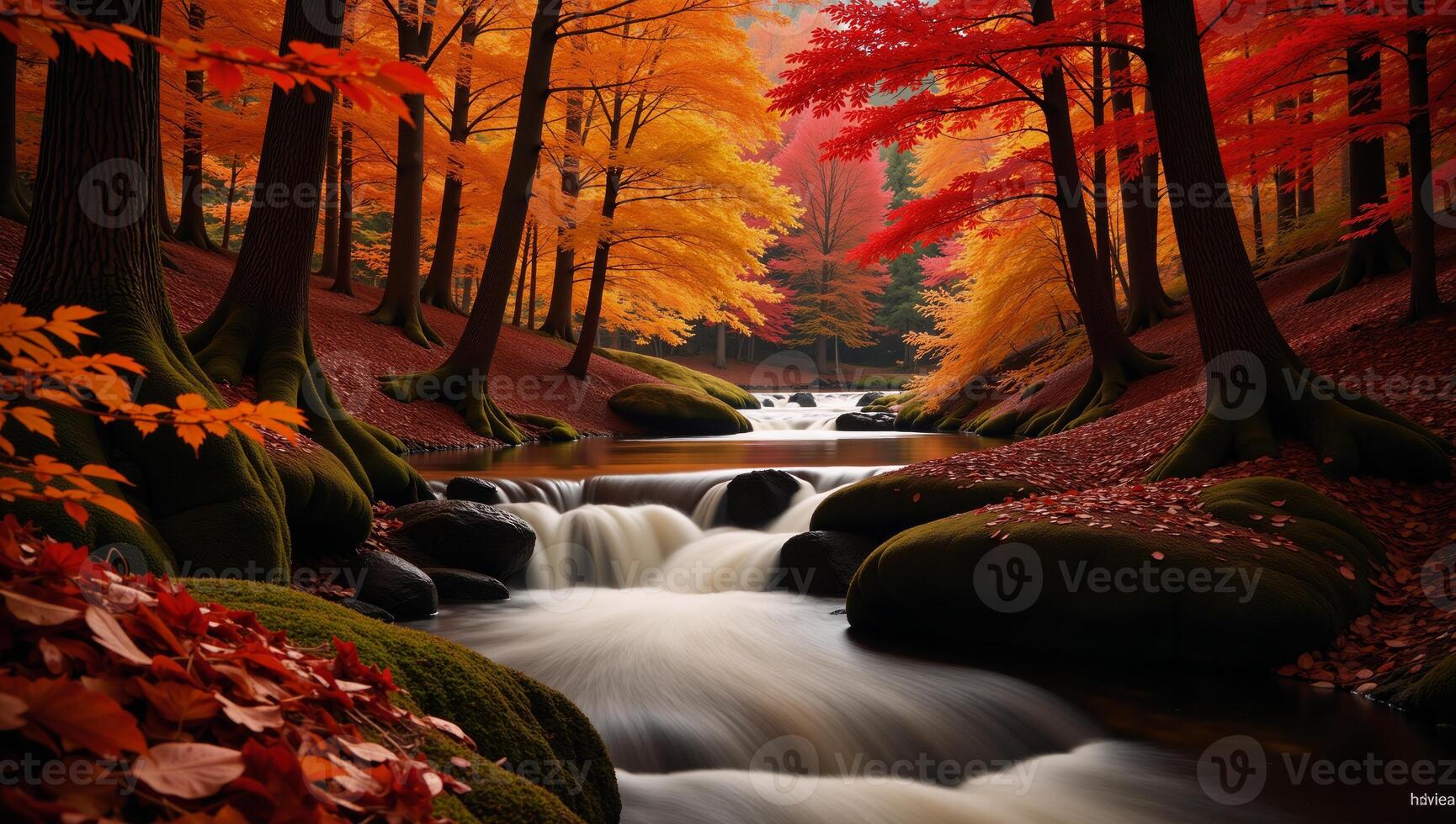 Abstract autumnal forest landscape with river vibrant color palette for digital artwork or wallpaper design photo