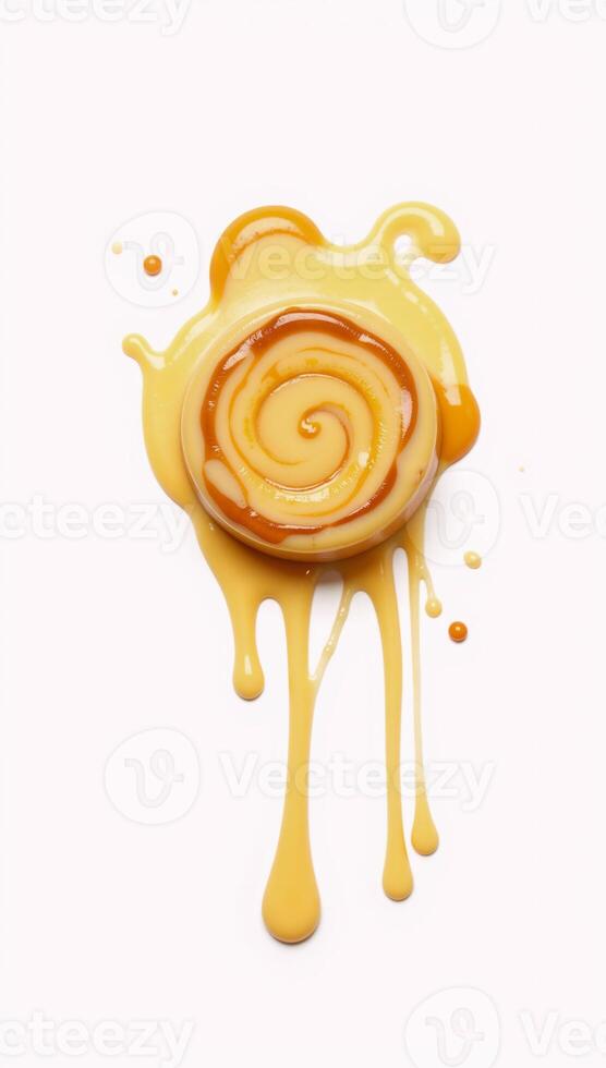 Isolated melted cheese droplet with sauce swirling on top of a cheese slice photo