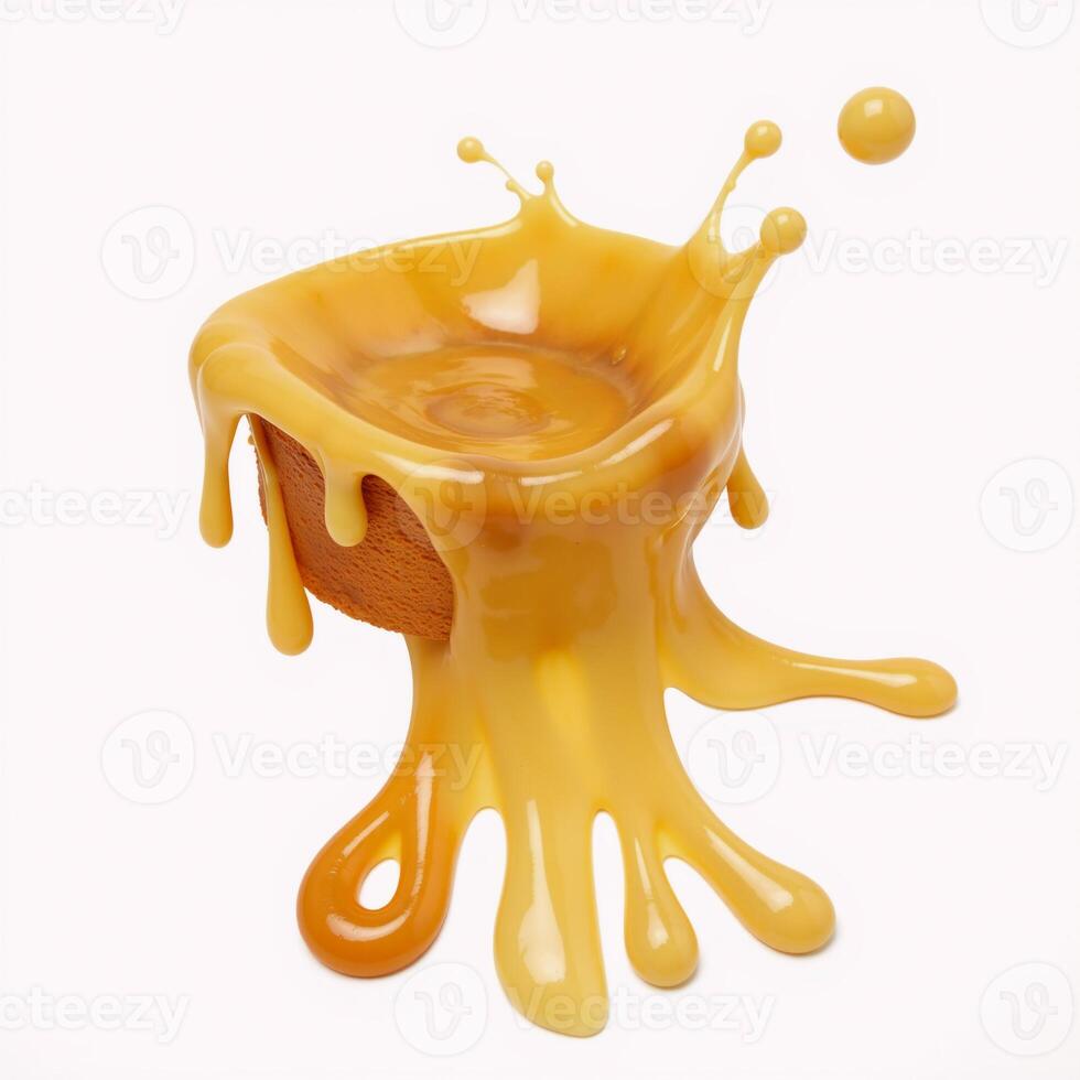 Isolated melted cheese droplet with sauce swirling on top of a cheese slice photo