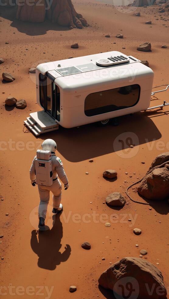 Astronaut traverses Martian landscape towards habitat illustrated scene photo