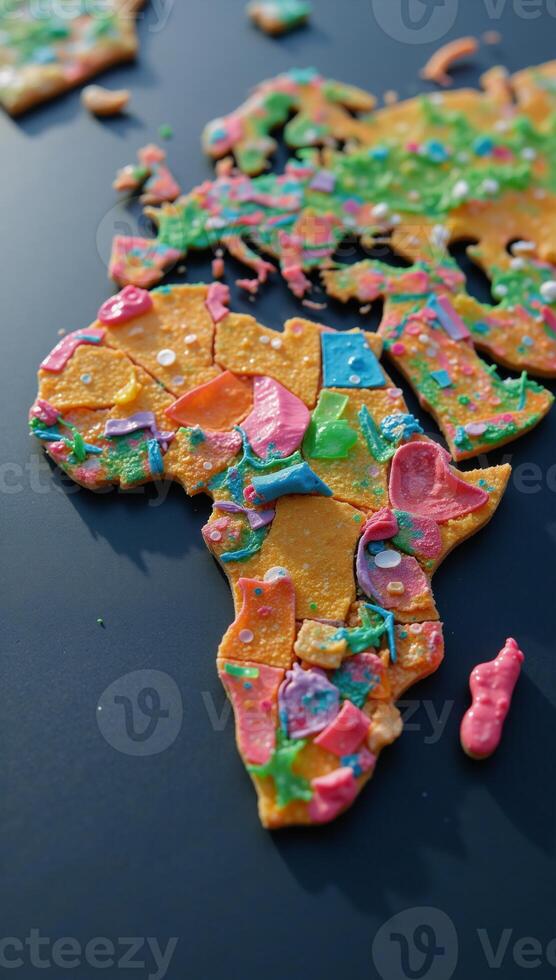 Microplastics polluting the globe portrayed as colored debris shaping world map photo