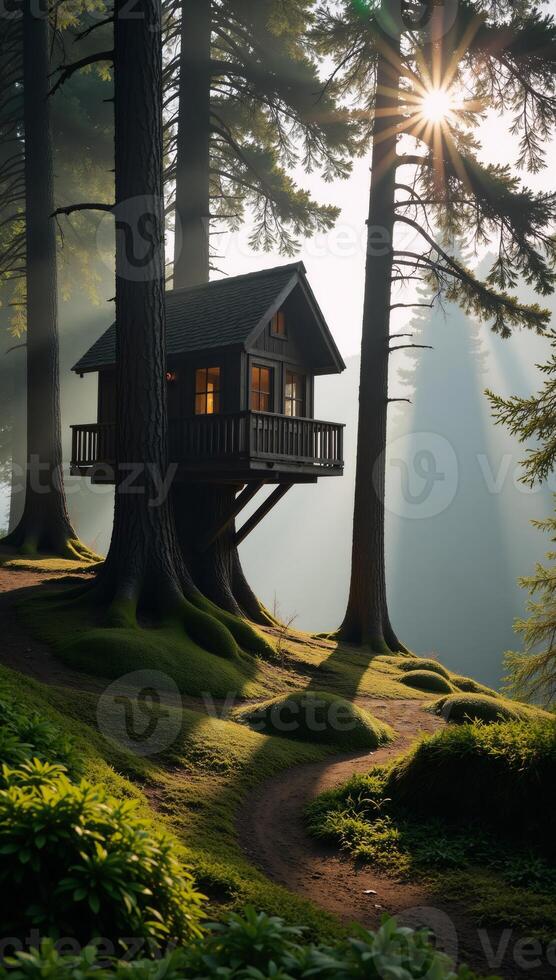 A fairytale scene depicts a sunlit treehouse amidst tall green trees with morning mist photo