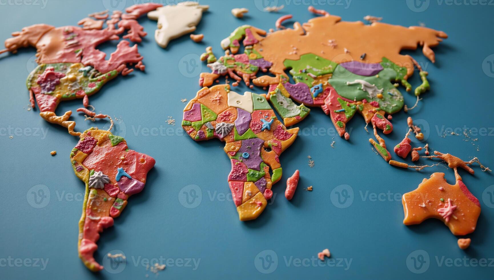 Microplastics polluting the globe portrayed as colored debris shaping world map photo