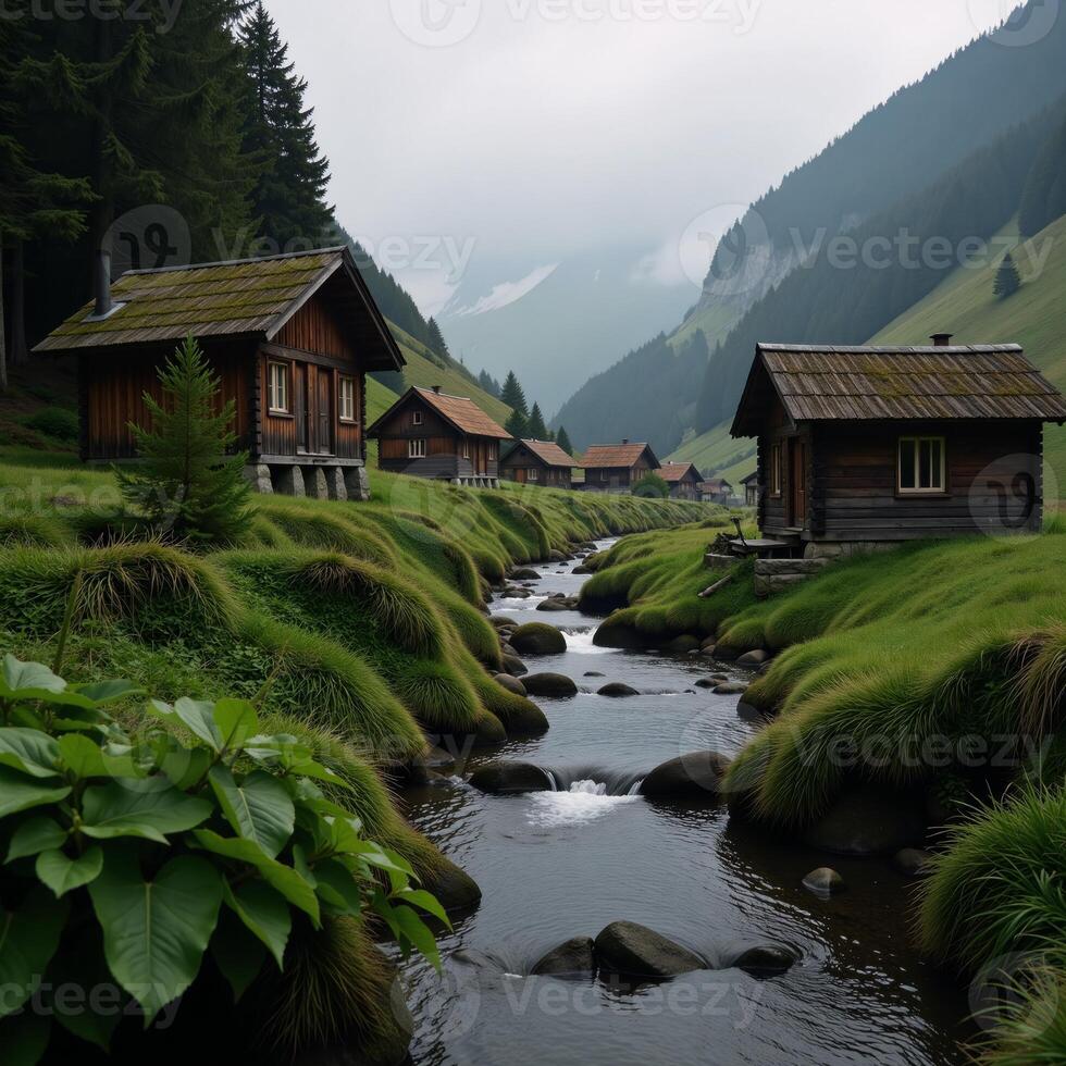 A fogenshrouded mountain village at dawn boasts rustic cabins and a gently flowing stream amidst verdant landscapes photo