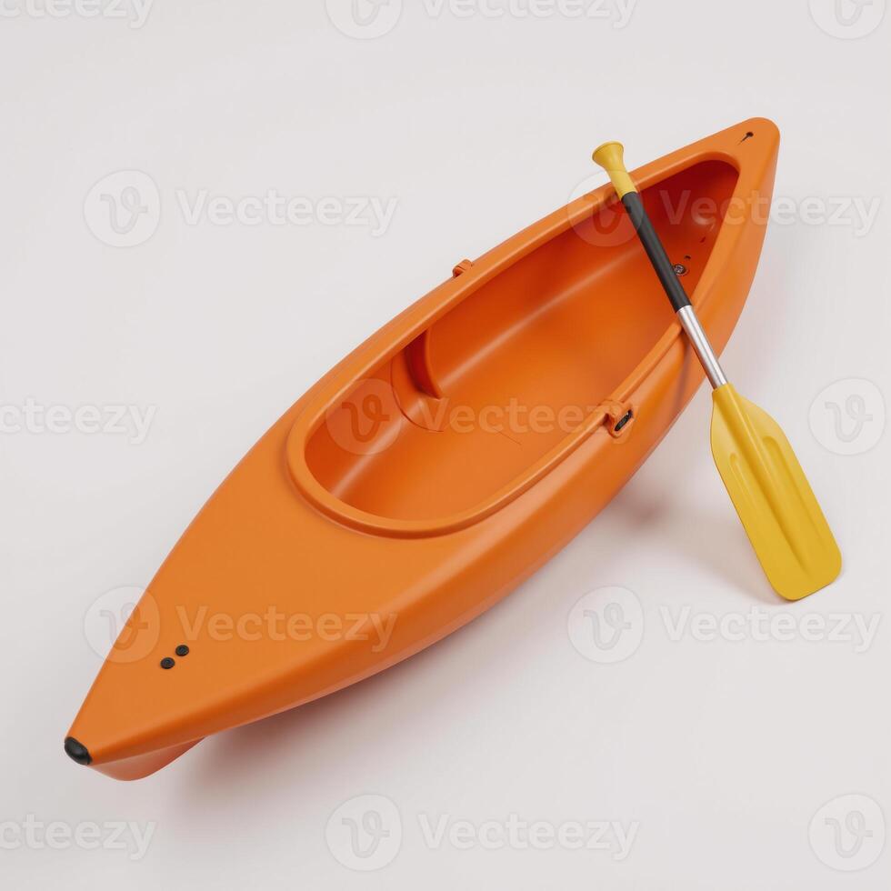 A detailed 3D render showcases an orange plastic kayak and its yellow paddle against a clean white backdrop photo