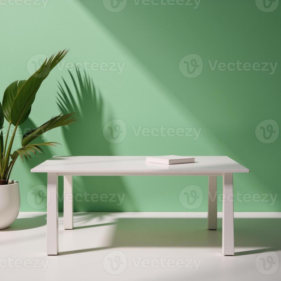 Abstract backdrop featuring shadows of palm leaves on an empty table for product display photo