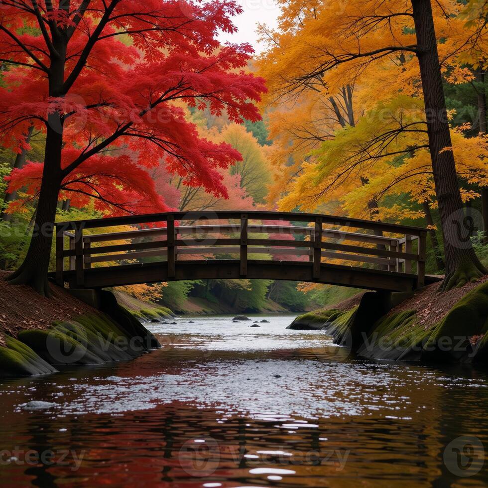 Picturesque autumn scene serene river flowing under colorful trees with a charming wooden bridge photo