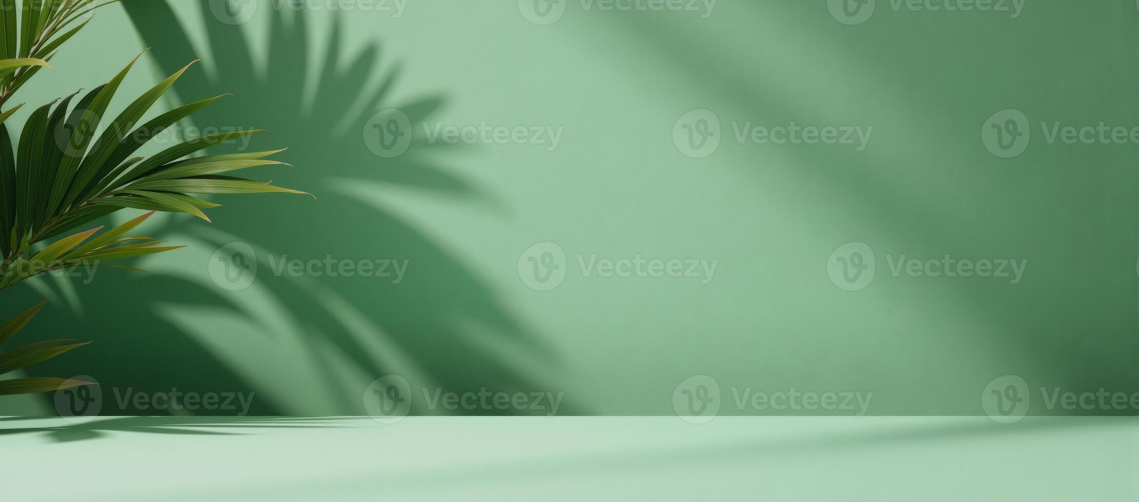 Abstract backdrop featuring shadows of palm leaves on an empty table for product display photo