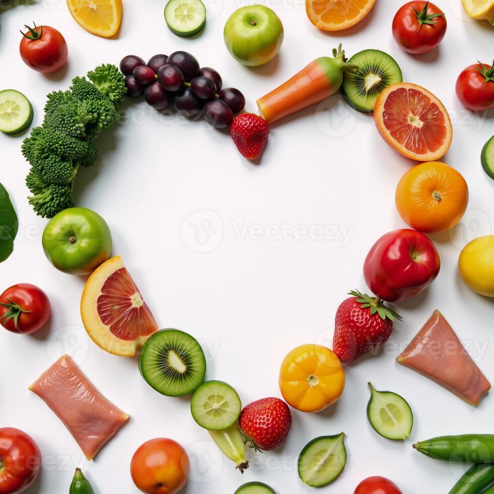 Heartshaped display featuring assorted healthy foods fruits veggies proteins promoting a balanced diet photo
