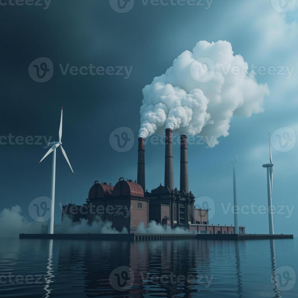 3D render of polluting factory with wind turbines showcasing air pollution renewables in a cool blue palette photo