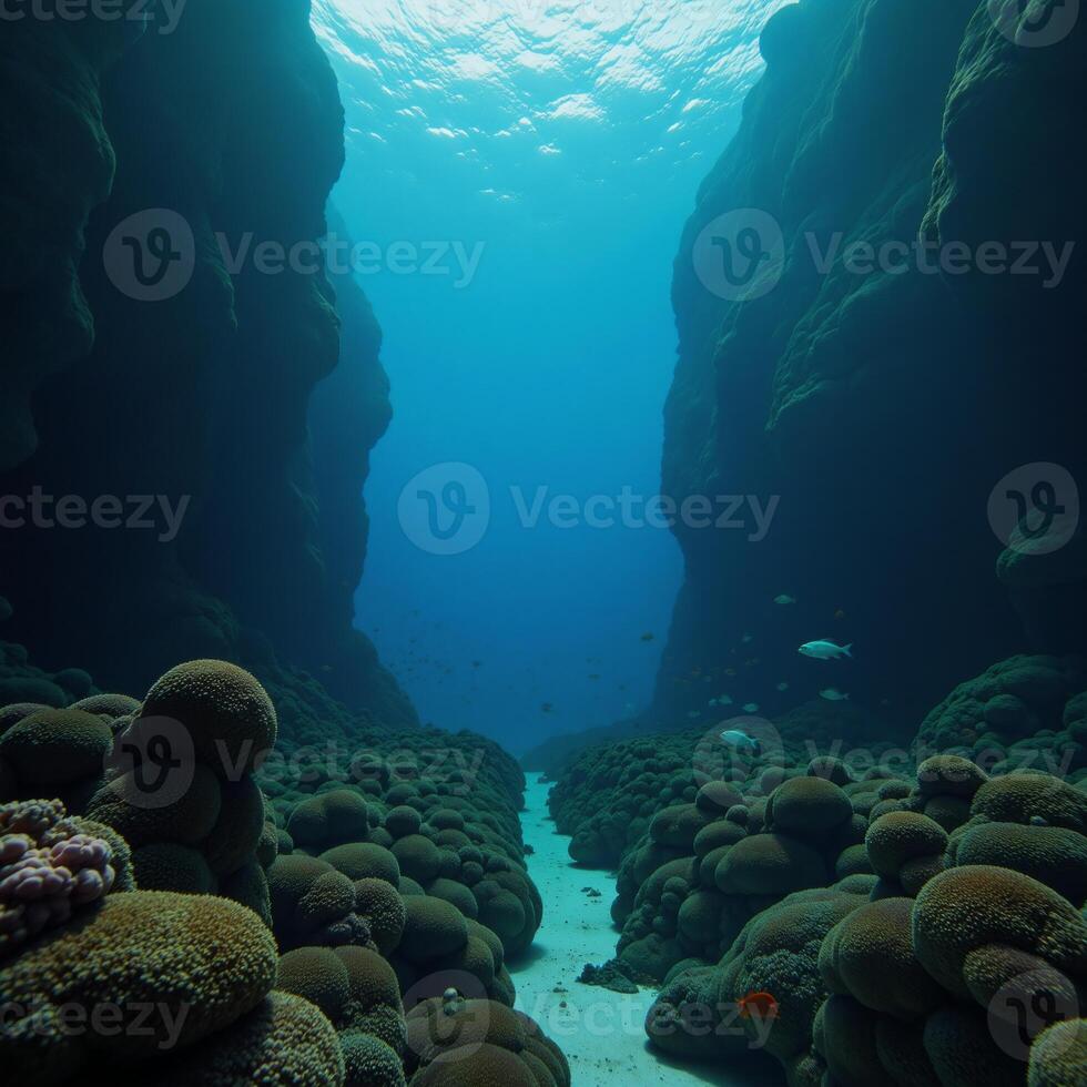 Deepblue ocean showcasing an expansive underwater landscape with a darkened sea floor photo