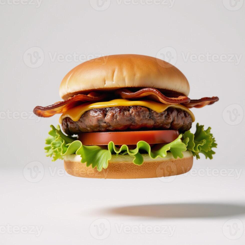 Flying cheeseburger filled with enticing toppings generated image style photo
