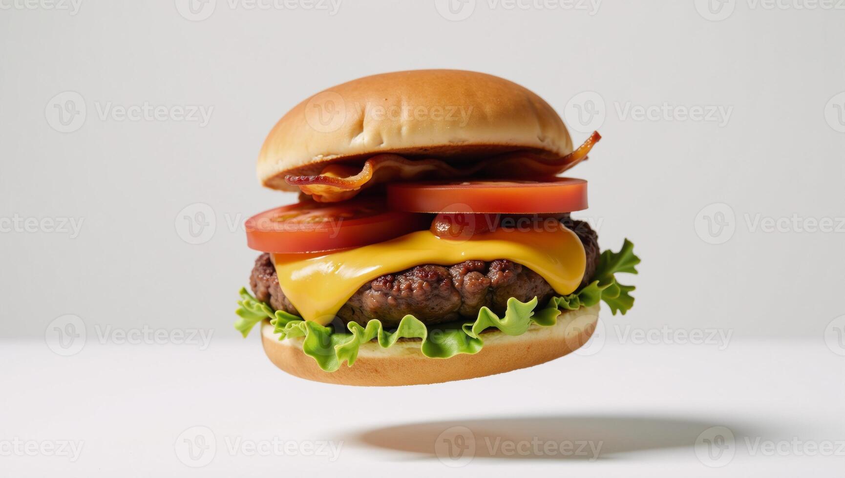 Flying cheeseburger filled with enticing toppings generated image style photo